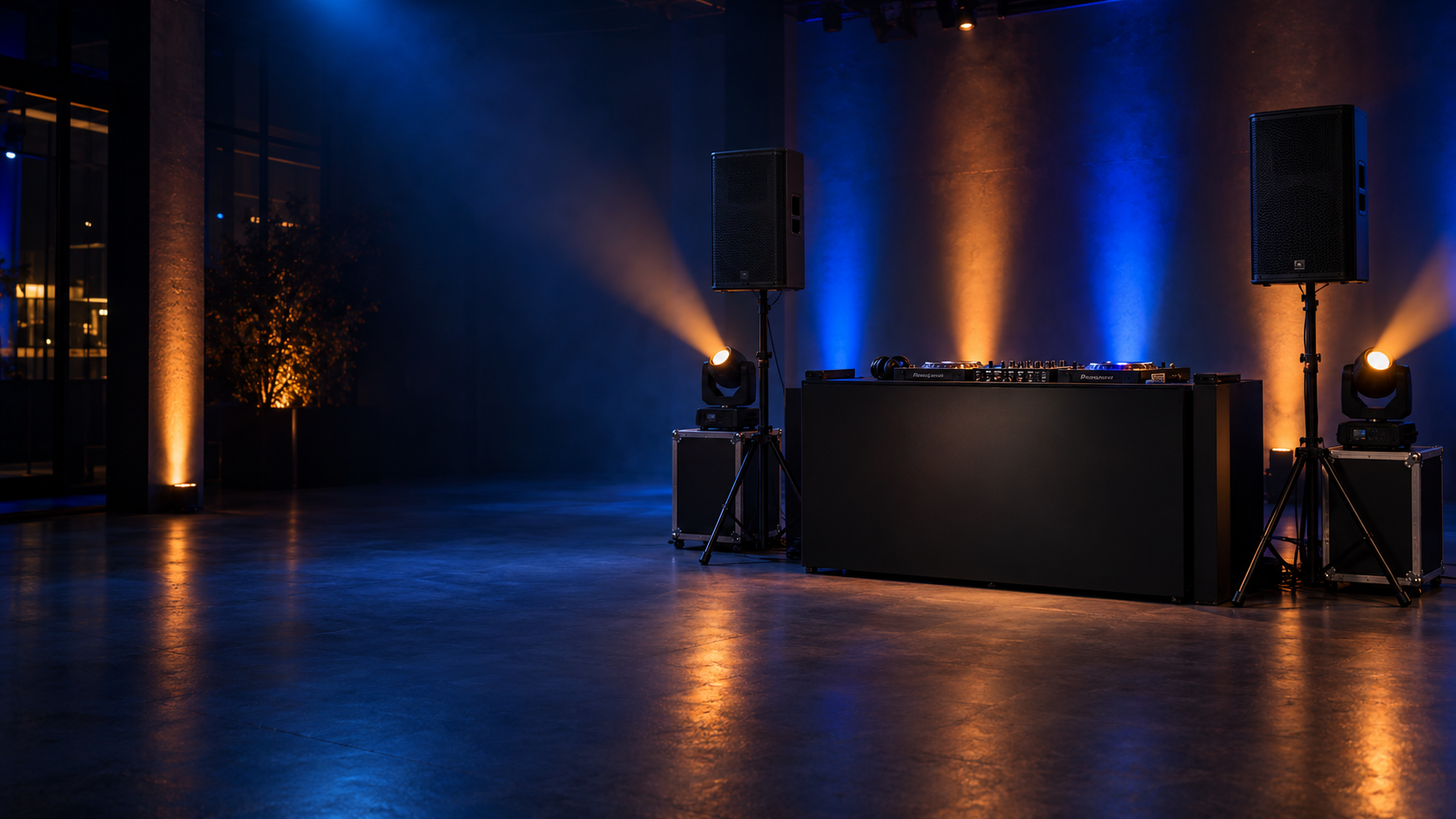 Professionele DJ-opstelling met speakers en sfeerverlichting